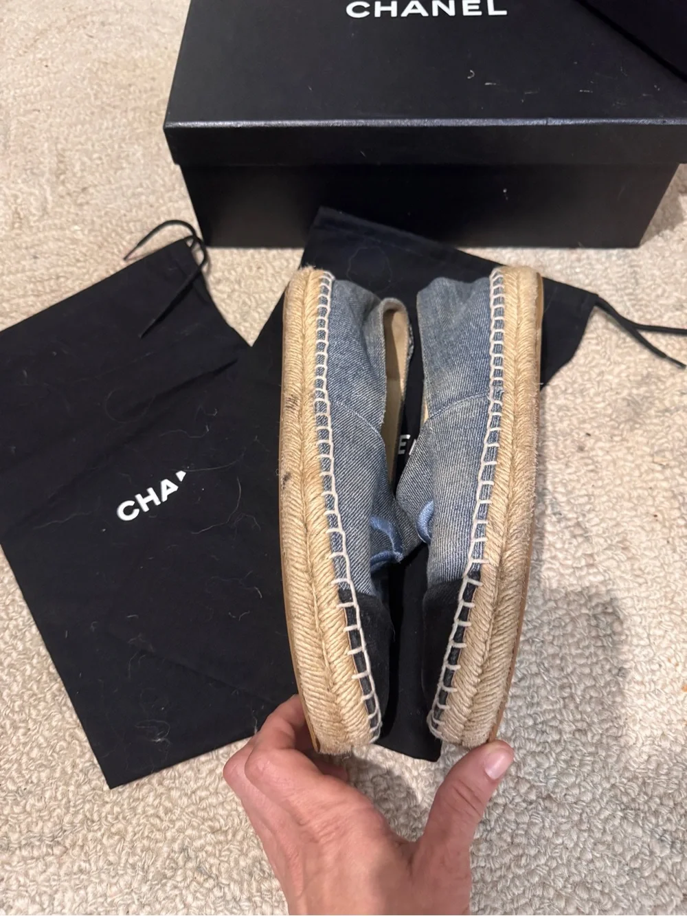 CHANEL Denim Espadrille Flats with Black Cap Toe and Blue CC Logo